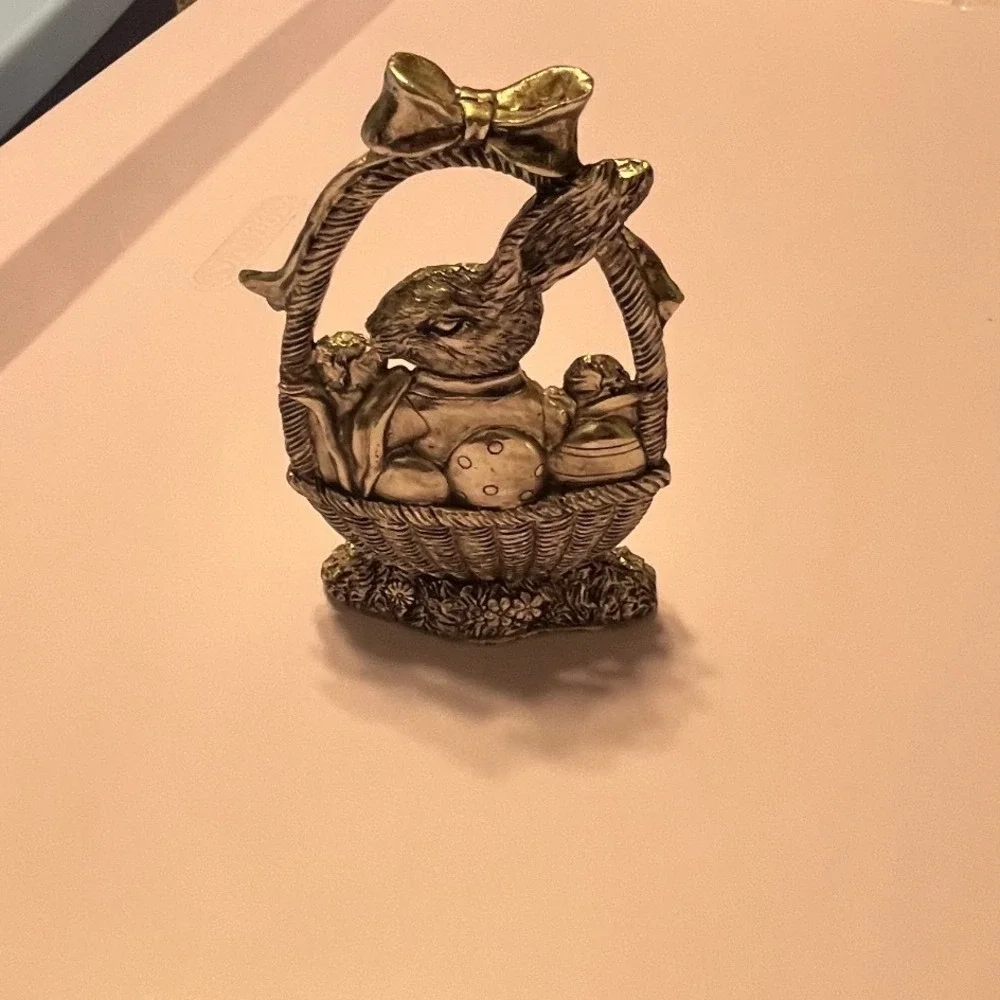 Vintage Silver Tone Metal Easter Bunny Basket Figurine Spring Decor 5.5 Inch